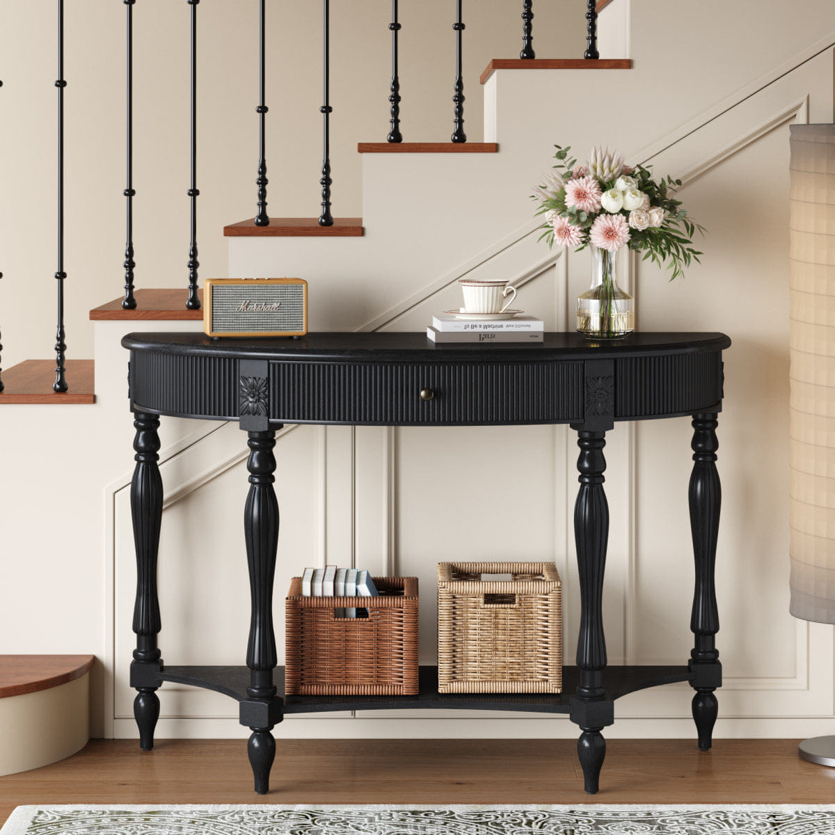 Drawer Streamdale Solid Wood Half Moon Console Table with Drawer & Shelf, Black