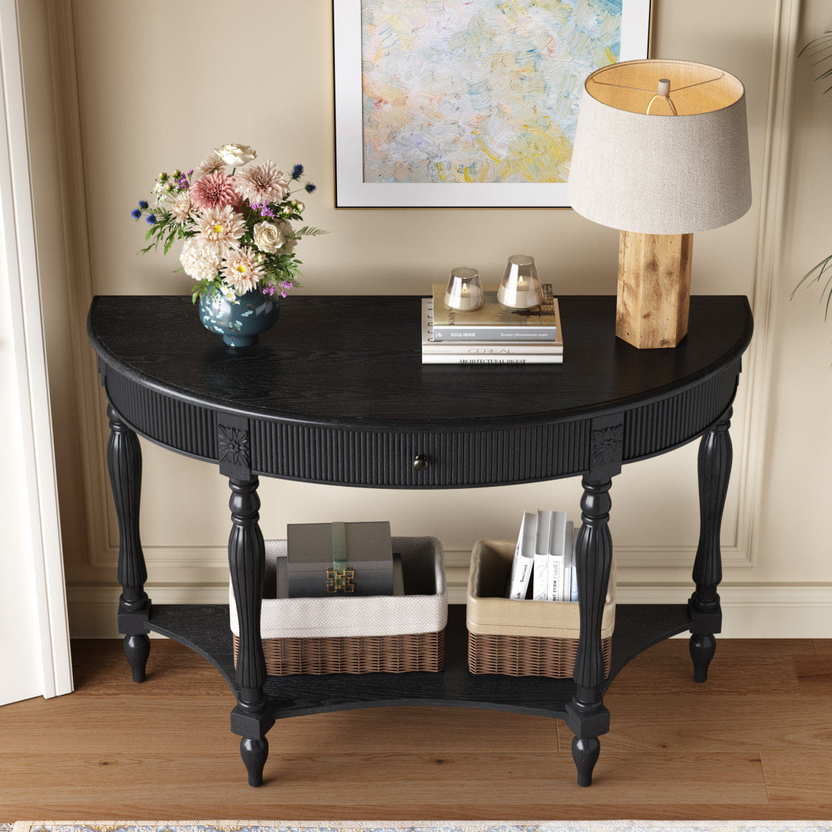 Drawer Streamdale Solid Wood Half Moon Console Table with Drawer & Shelf, Black