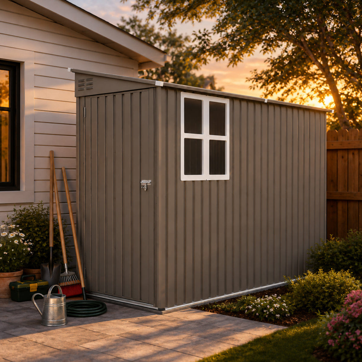 OUTDOOR Streamdale 4x9FT Outdoor Metal Storage Shed with Window, Olive Grey