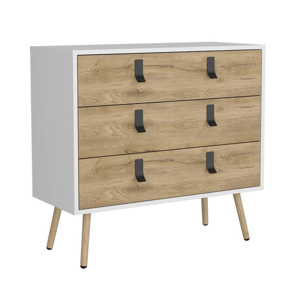 Drawer 32" White And Natural Wood Three Drawer Dresser