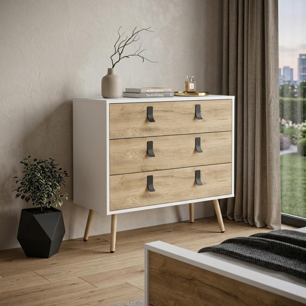 Drawer 32" White And Natural Wood Three Drawer Dresser