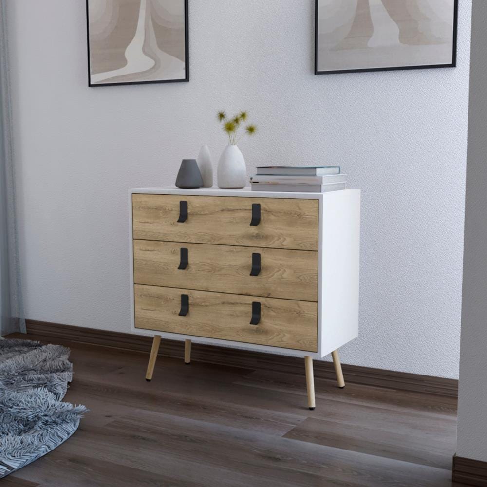 Drawer 32" White And Natural Wood Three Drawer Dresser