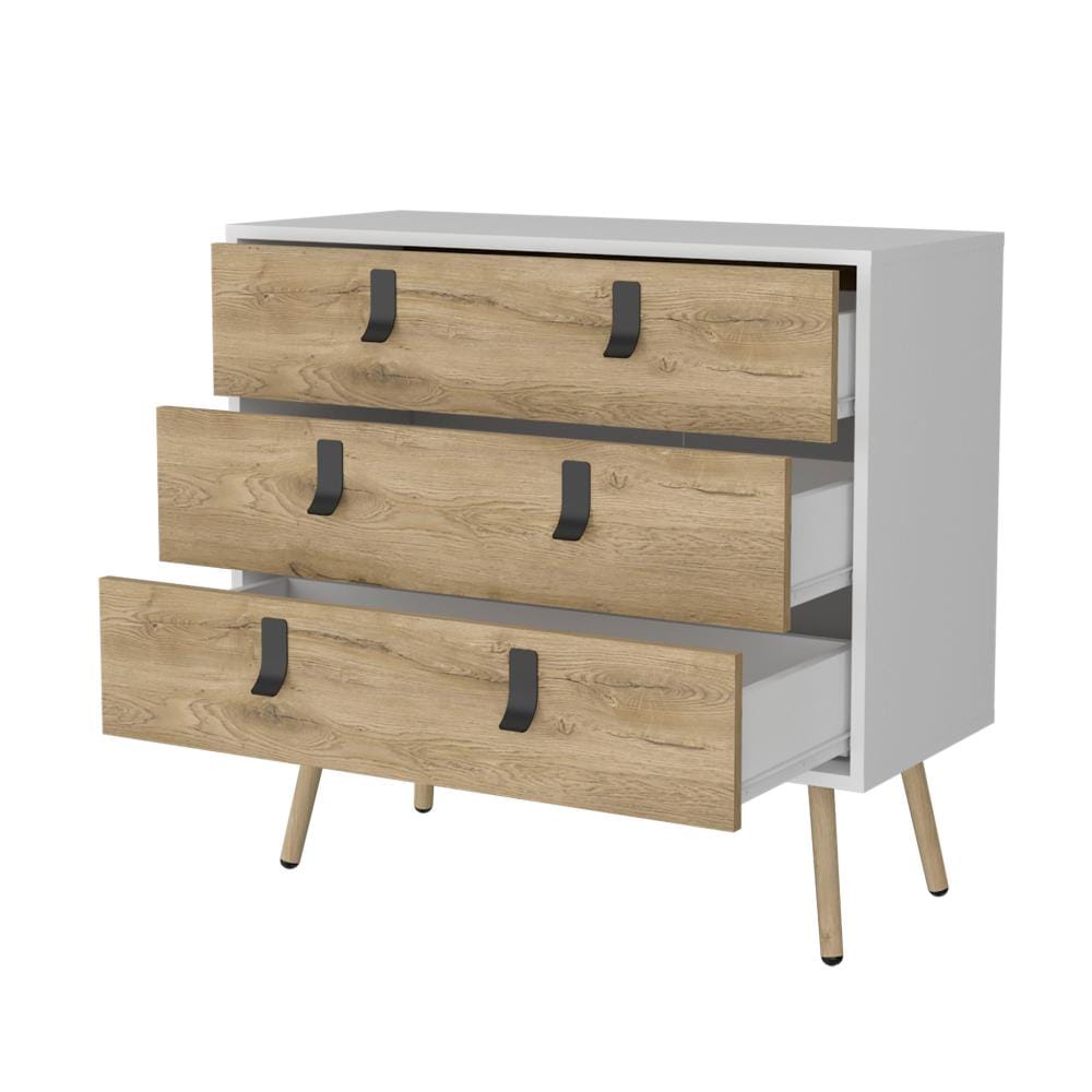 Drawer 32" White And Natural Wood Three Drawer Dresser