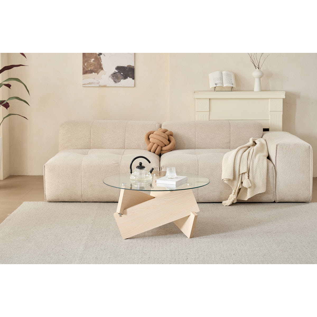 WOOD Streamdale Modern Round Farmhouse Coffee Table with Tempered Glass Top, Natural Wood
