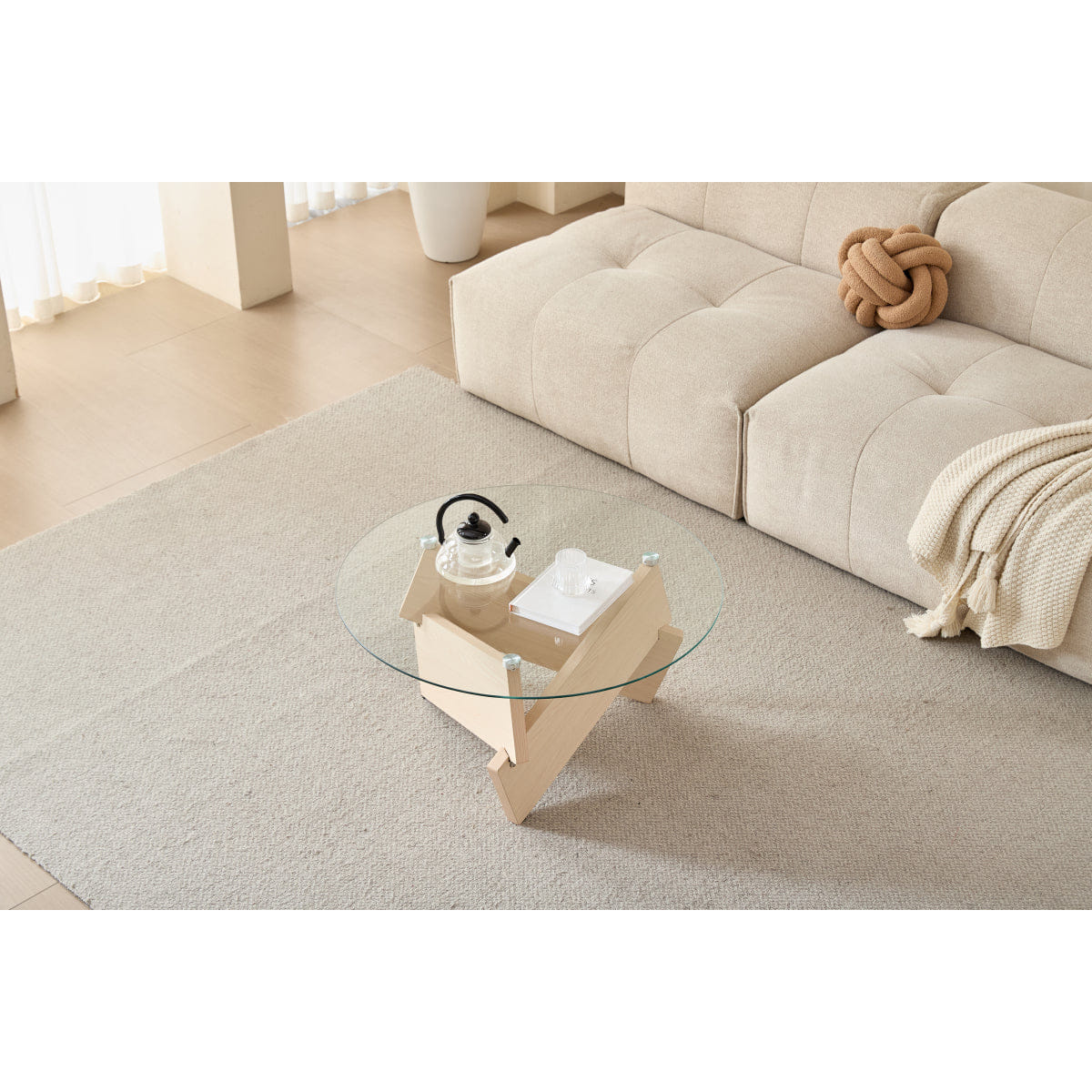 WOOD Streamdale Modern Round Farmhouse Coffee Table with Tempered Glass Top, Natural Wood