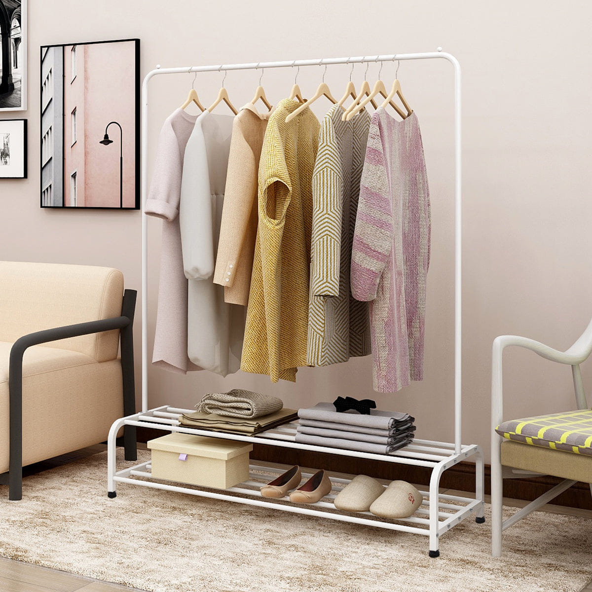 WHITE* Streamdale Heavy Duty Metal Garment Rack with Shelf, White, 47.2