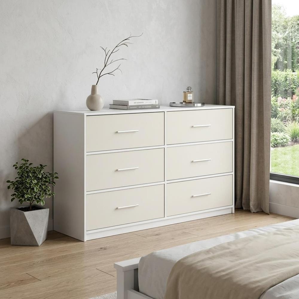 Drawer 45" White Fabric Wood and Steel Six Drawer Double Dresser