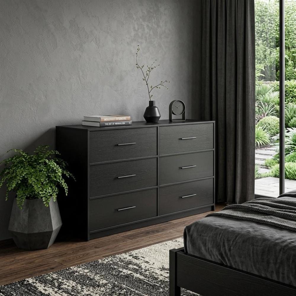 Drawer 45" Black Fabric Wood and Steel Six Drawer Double Dresser