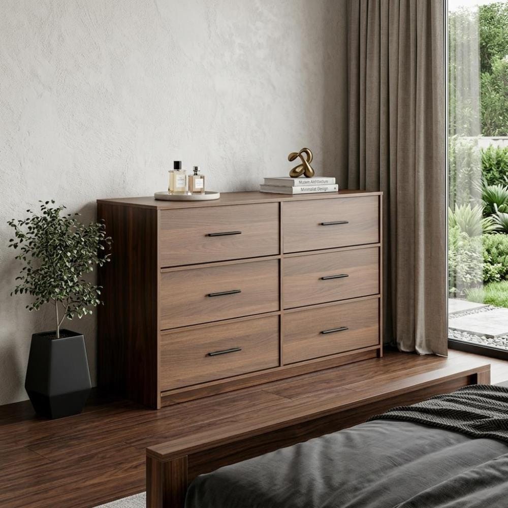 Drawer 45" Walnut Fabric Wood and Steel Six Drawer Double Dresser