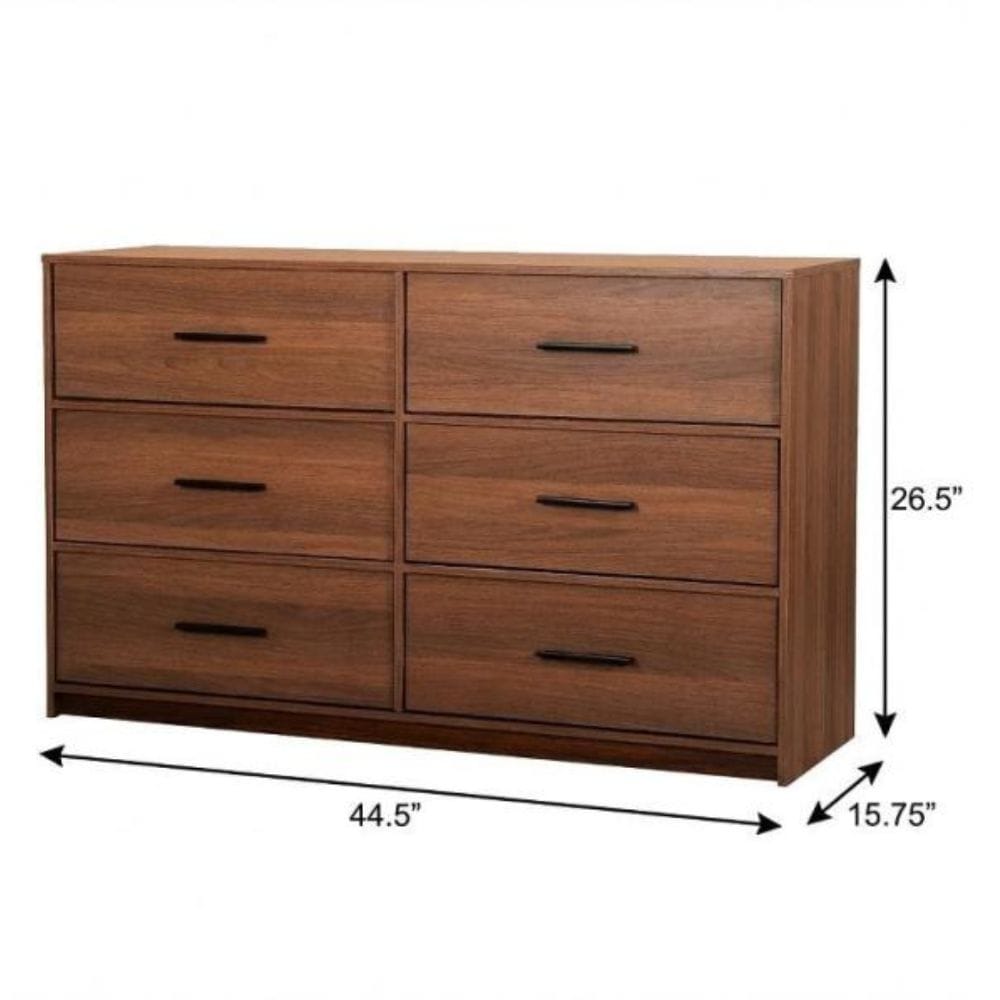 Drawer 45" Walnut Fabric Wood and Steel Six Drawer Double Dresser