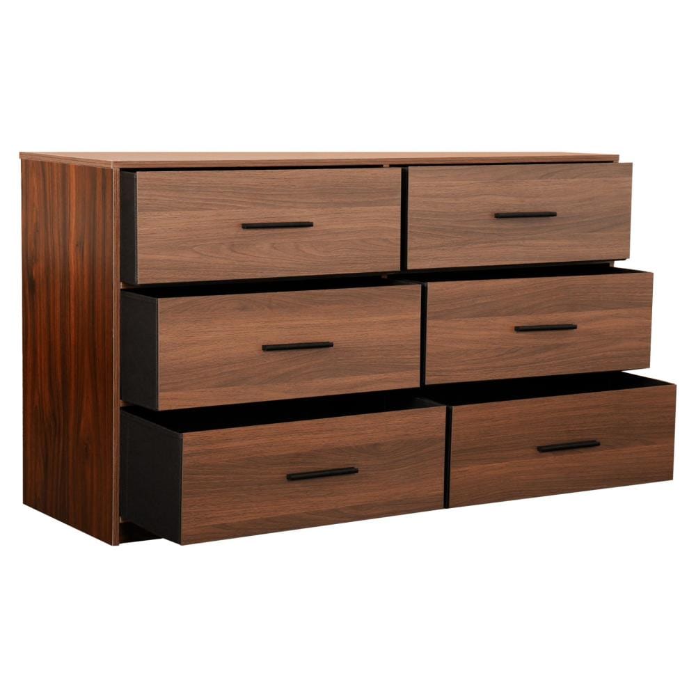 Drawer 45" Walnut Fabric Wood and Steel Six Drawer Double Dresser