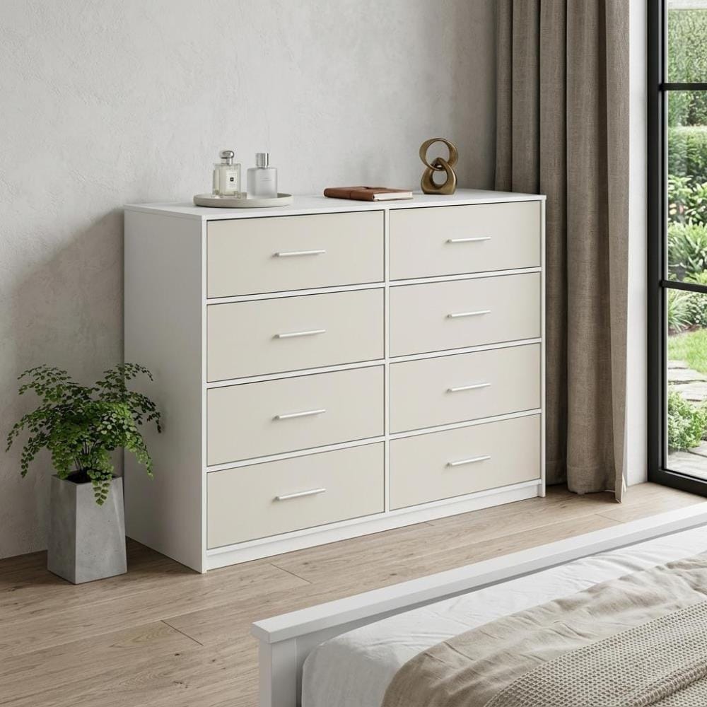 Drawer 45" White Fabric Wood and Steel Eight Drawer Double Dresser
