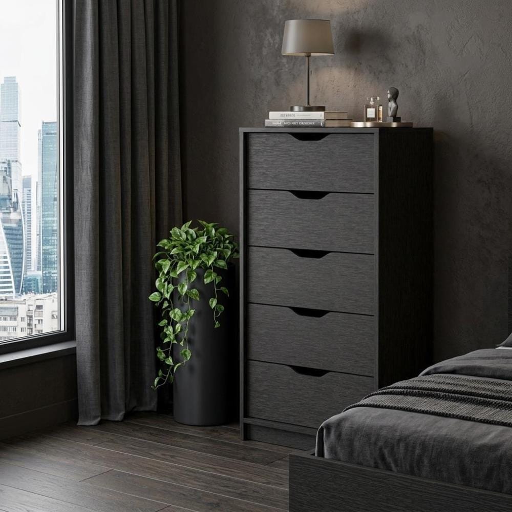 Drawer 18" Black Wood Five Drawer Dresser