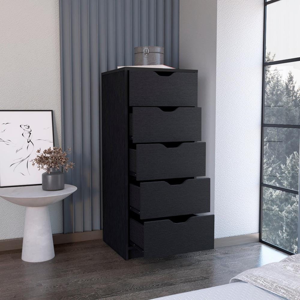 Drawer 18" Black Wood Five Drawer Dresser