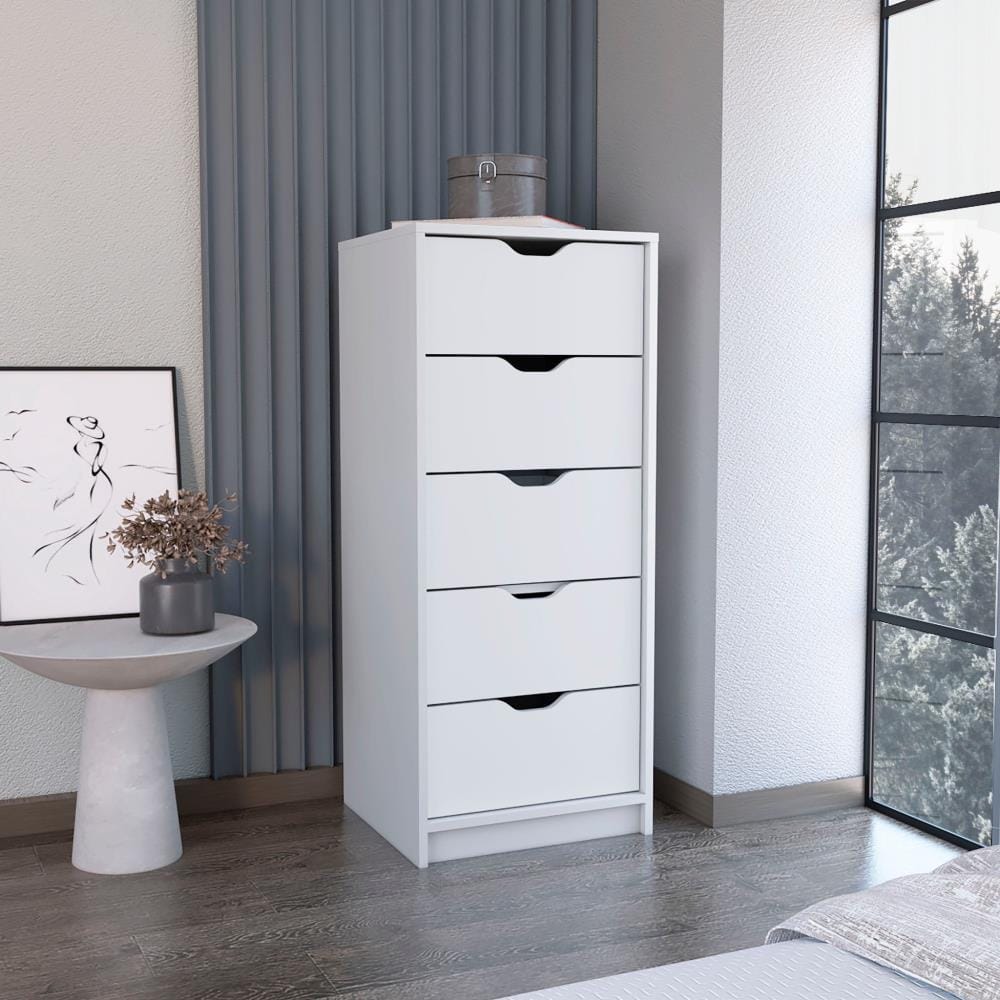 Drawer 18" White Wood Five Drawer Dresser