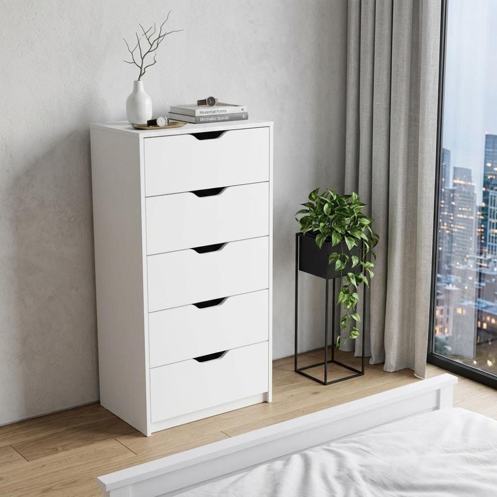 Drawer 18" White Wood Five Drawer Dresser