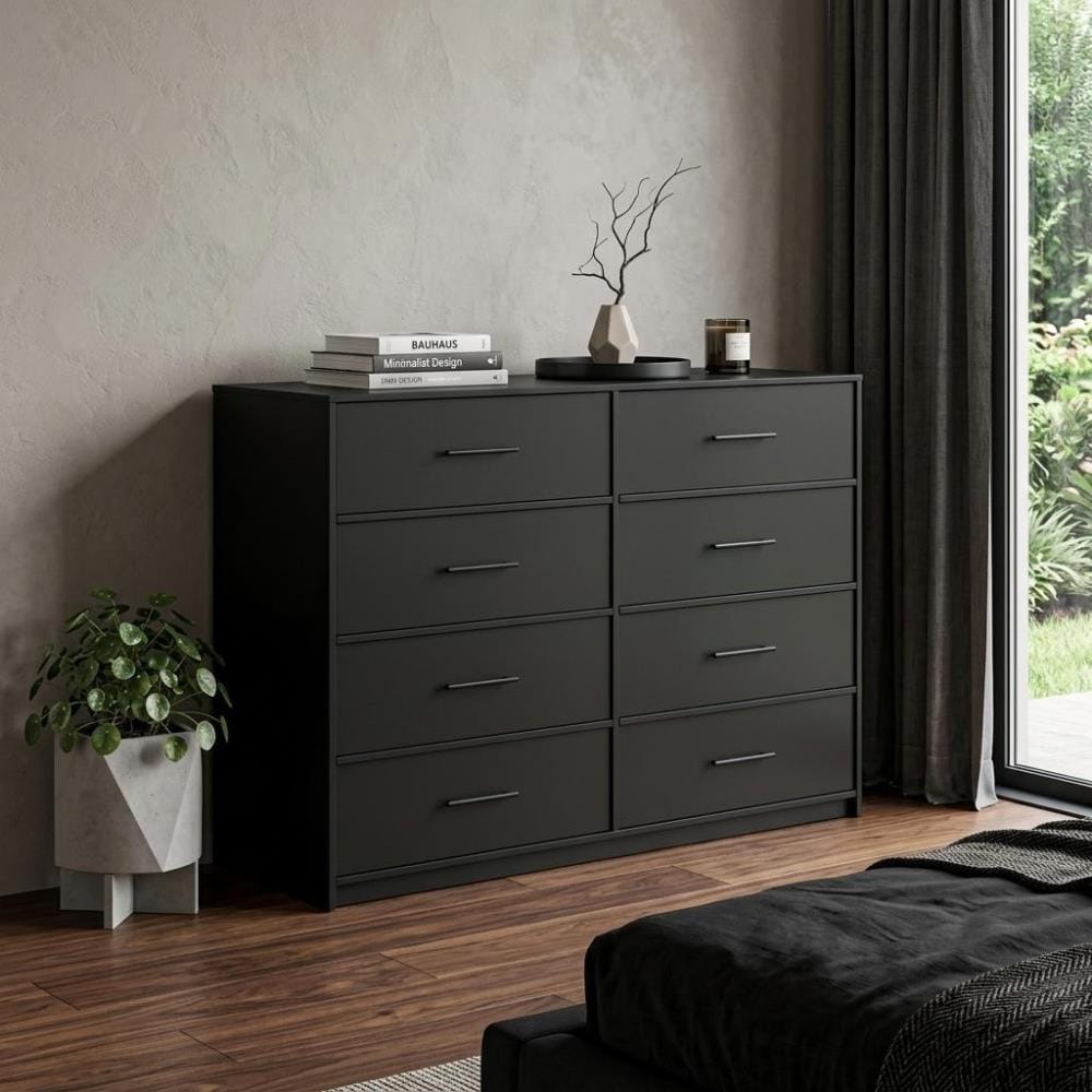 Drawer 45" Black Fabric Wood and Steel Eight Drawer Double Dresser