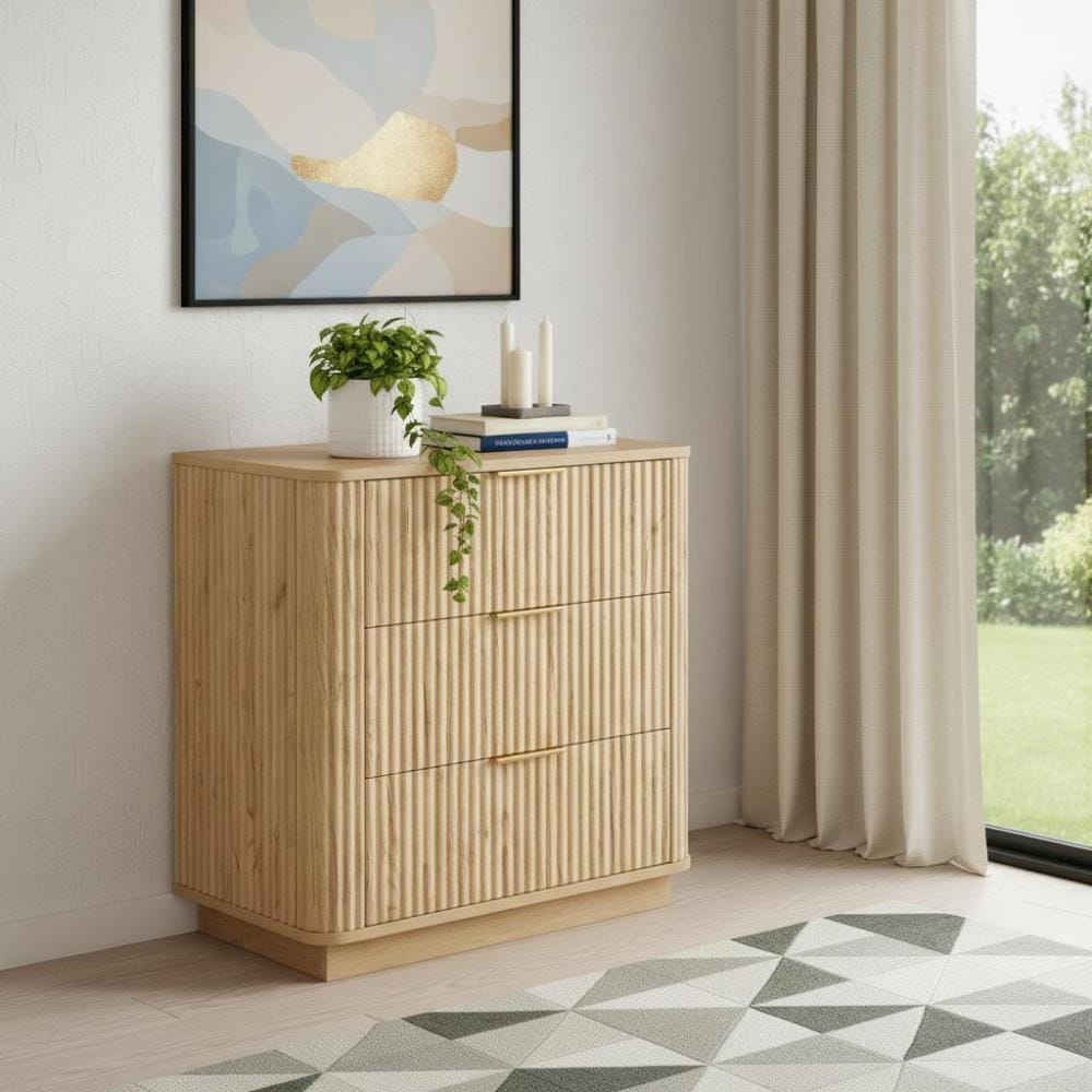 Drawer 28" Oak Ribbed Texture Wood Three Drawer Dresser