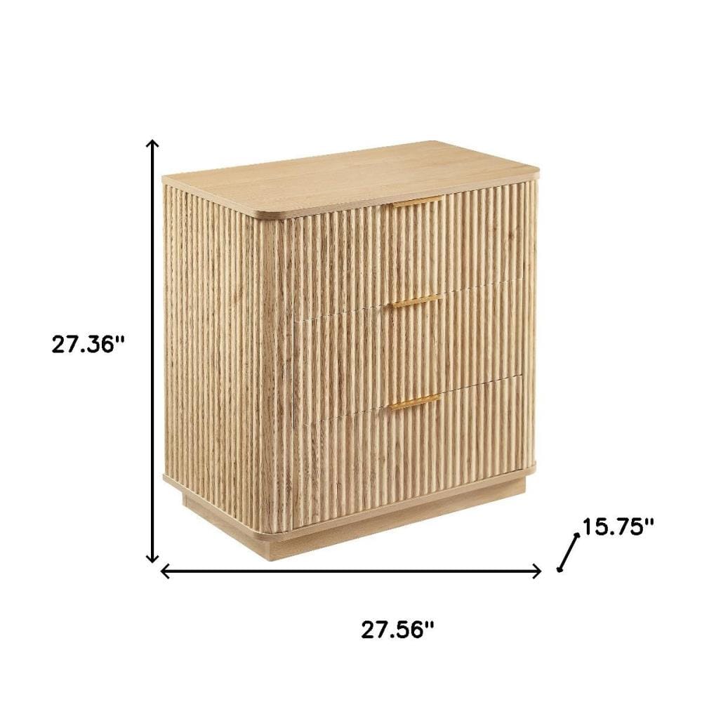 Drawer 28" Oak Ribbed Texture Wood Three Drawer Dresser