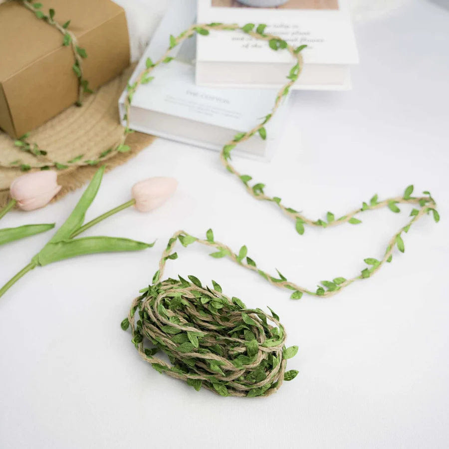 CRAFT 32FT Natural Jute Twine With Green Leaves, Burlap Leaf Ribbon For DIY Craft Party Wedding Home Decor