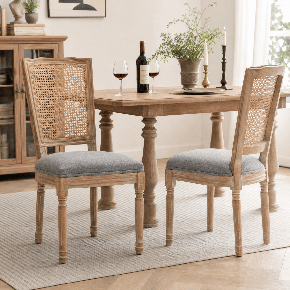 !SOLID Streamdale Farmhouse Solid Wood Linen & Rattan Dining Chairs, Grey, Set of 2