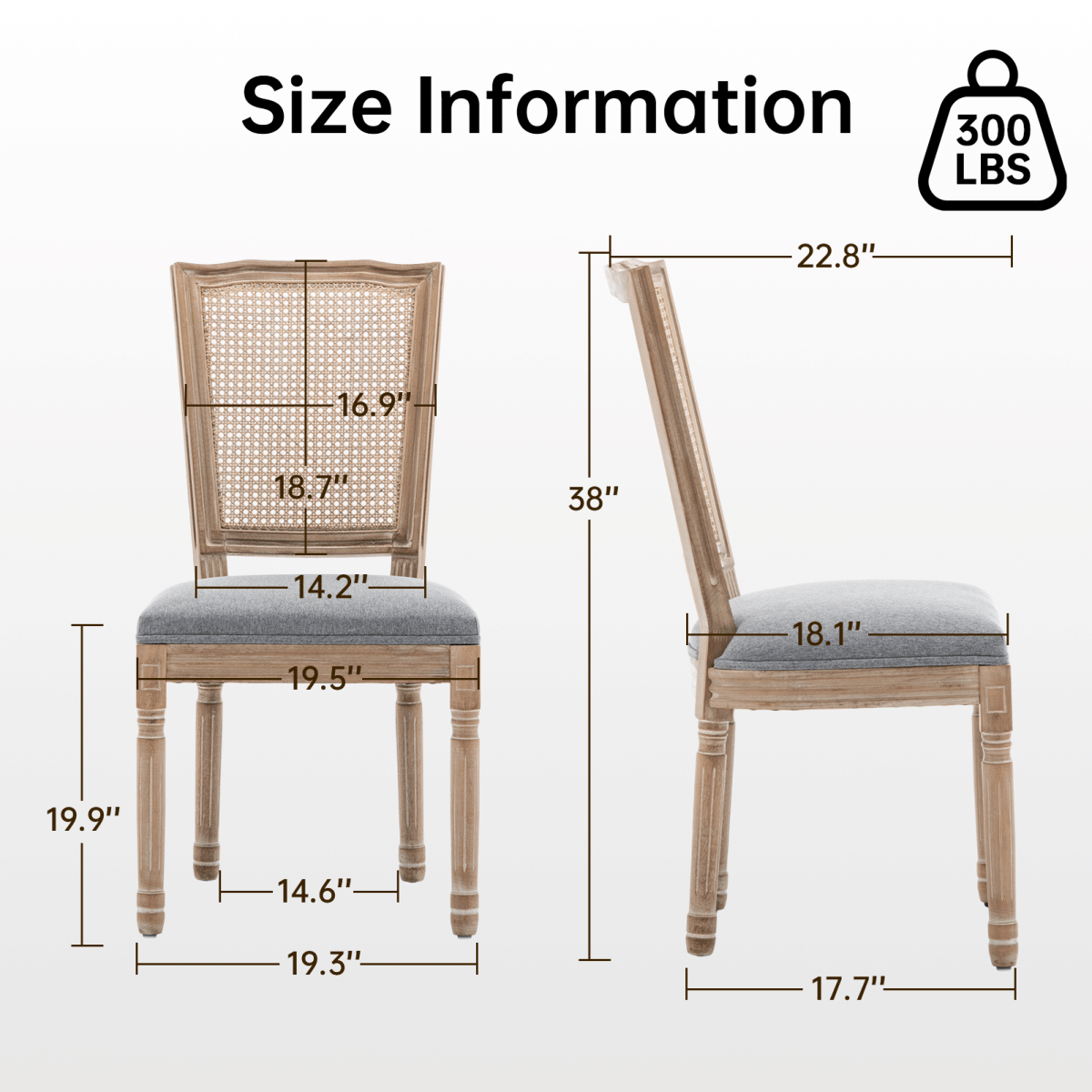 !SOLID Streamdale Farmhouse Solid Wood Linen & Rattan Dining Chairs, Grey, Set of 2