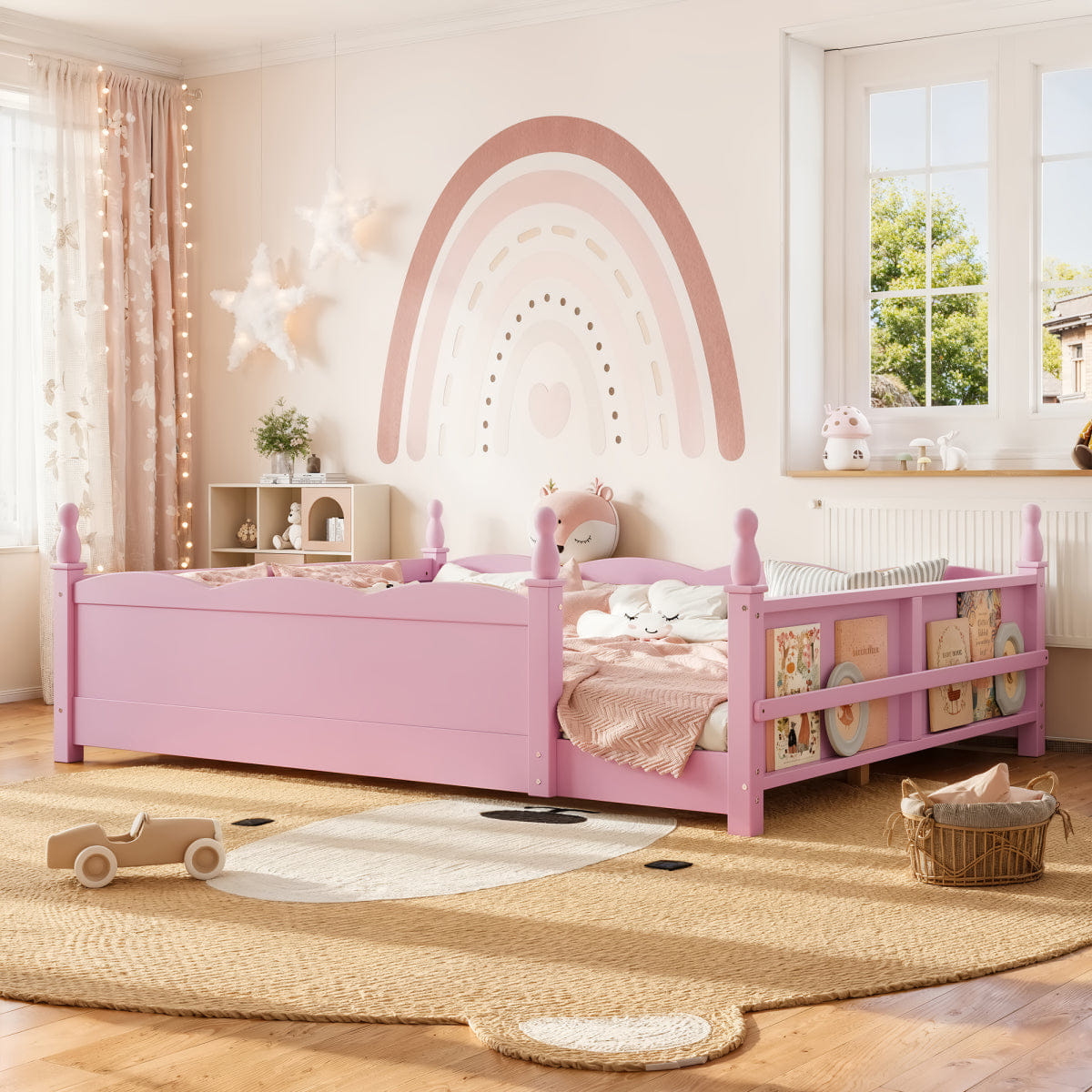 FLOOR Streamdale Queen Montessori Kids Floor Bed with Bookshelf and Guardrails, Pink