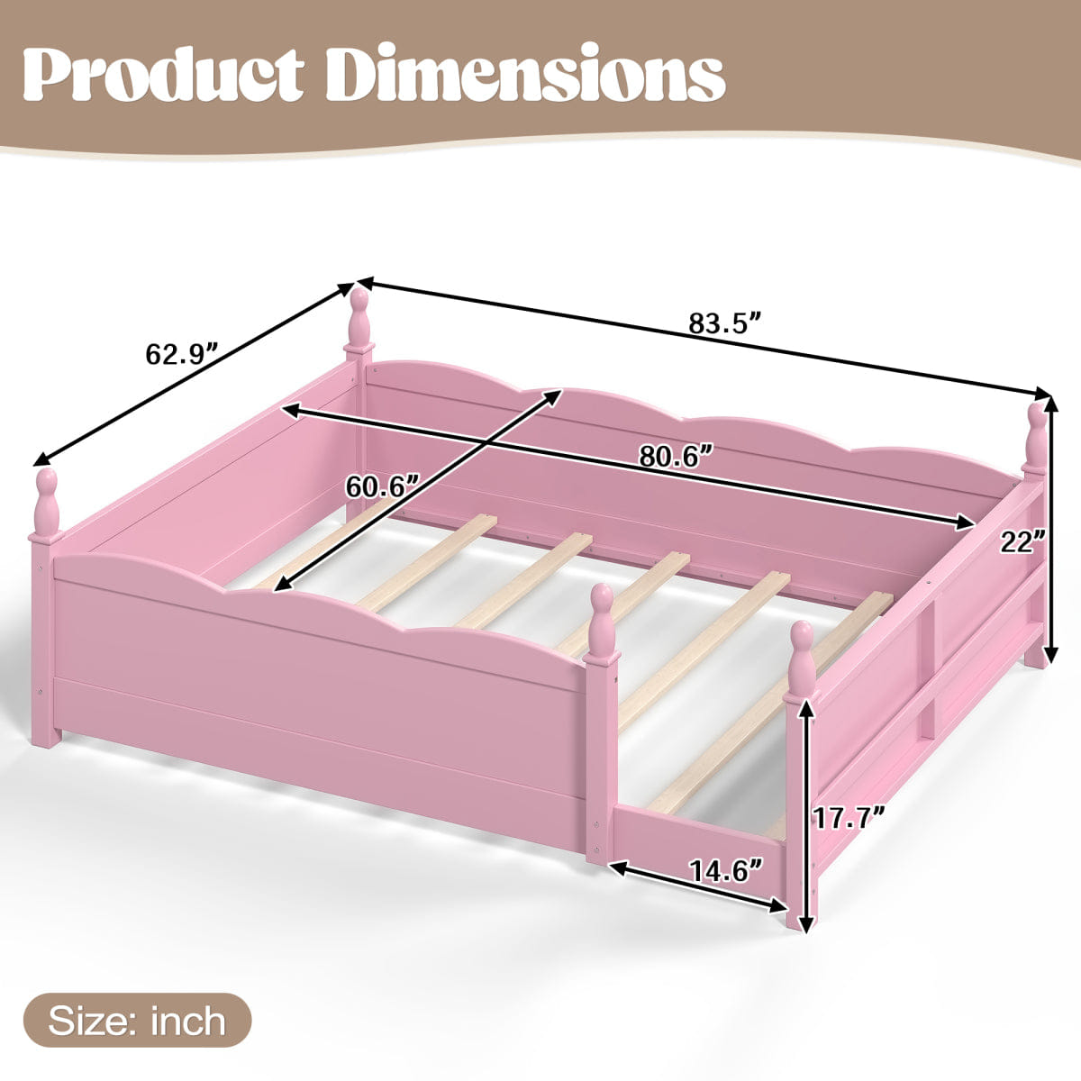 FLOOR Streamdale Queen Montessori Kids Floor Bed with Bookshelf and Guardrails, Pink