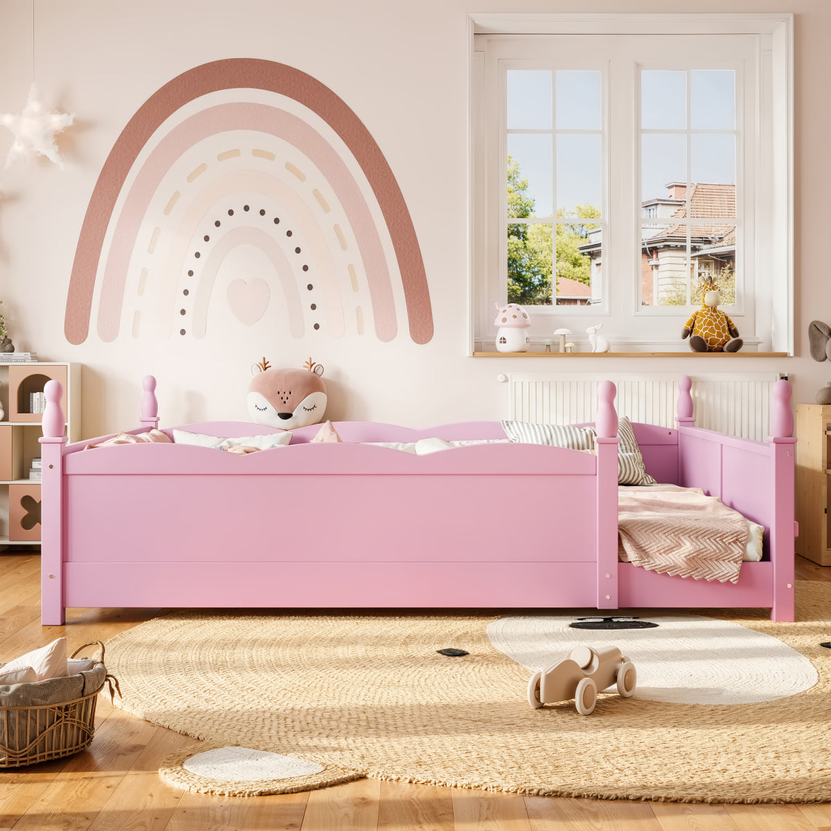 FLOOR Streamdale Queen Montessori Kids Floor Bed with Bookshelf and Guardrails, Pink