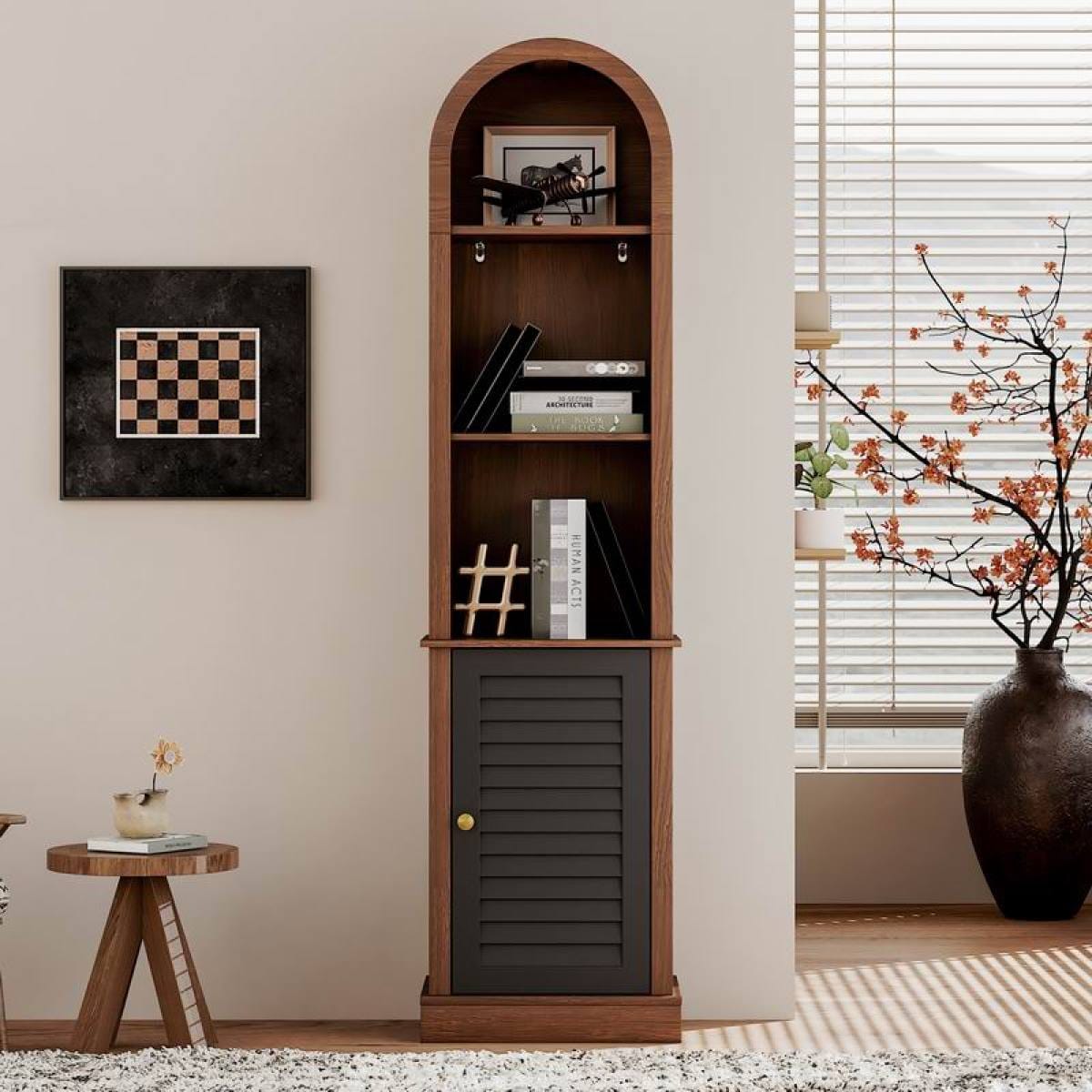 CORNER Streamdale Tall Arched Corner Bookshelf with Shutter Door, Walnut Brown