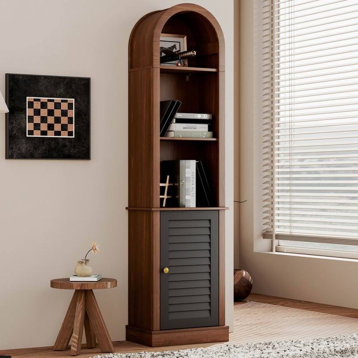 CORNER Streamdale Tall Arched Corner Bookshelf with Shutter Door, Walnut Brown