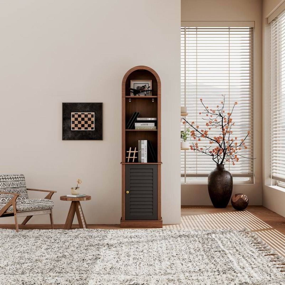 CORNER Streamdale Tall Arched Corner Bookshelf with Shutter Door, Walnut Brown
