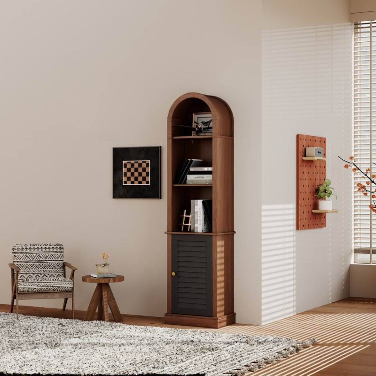 CORNER Streamdale Tall Arched Corner Bookshelf with Shutter Door, Walnut Brown