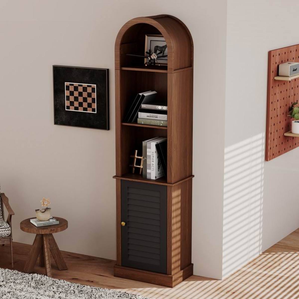 CORNER Streamdale Tall Arched Corner Bookshelf with Shutter Door, Walnut Brown