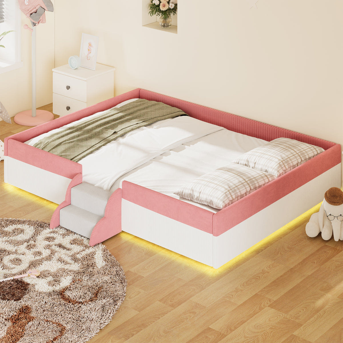 FLOOR Streamdale Queen Upholstered Floor Bed with Fence, Steps & LED Lights, Pink/White