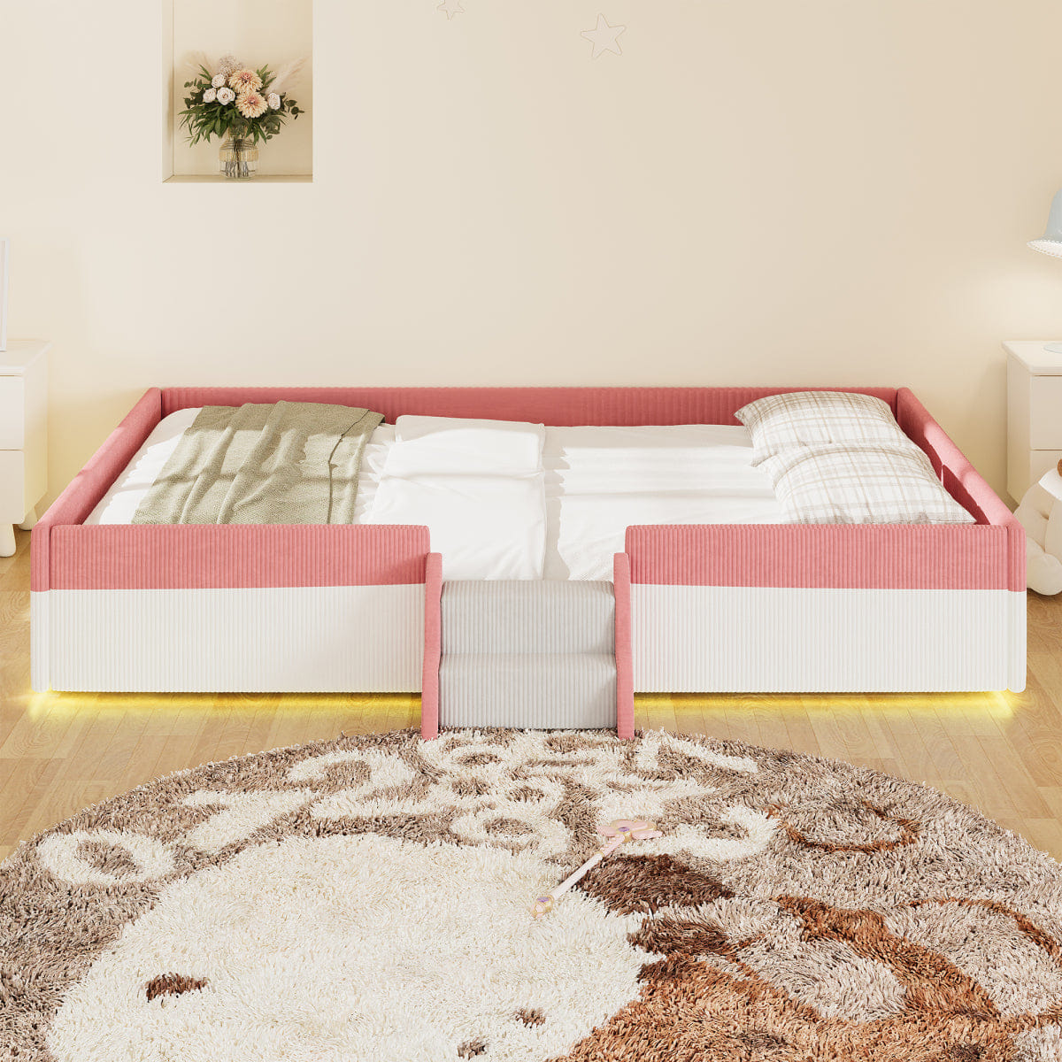 FLOOR Streamdale Queen Upholstered Floor Bed with Fence, Steps & LED Lights, Pink/White