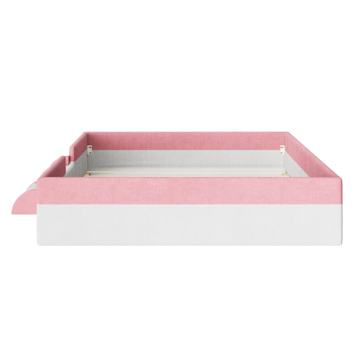 FLOOR Streamdale Queen Upholstered Floor Bed with Fence, Steps & LED Lights, Pink/White