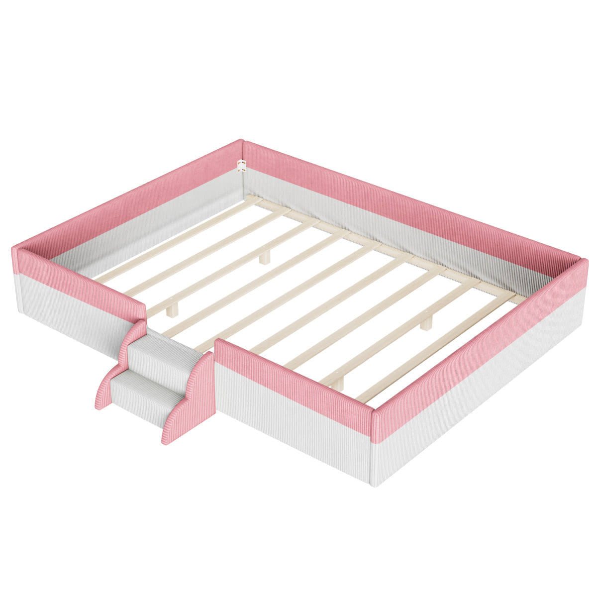 FLOOR Streamdale Queen Upholstered Floor Bed with Fence, Steps & LED Lights, Pink/White