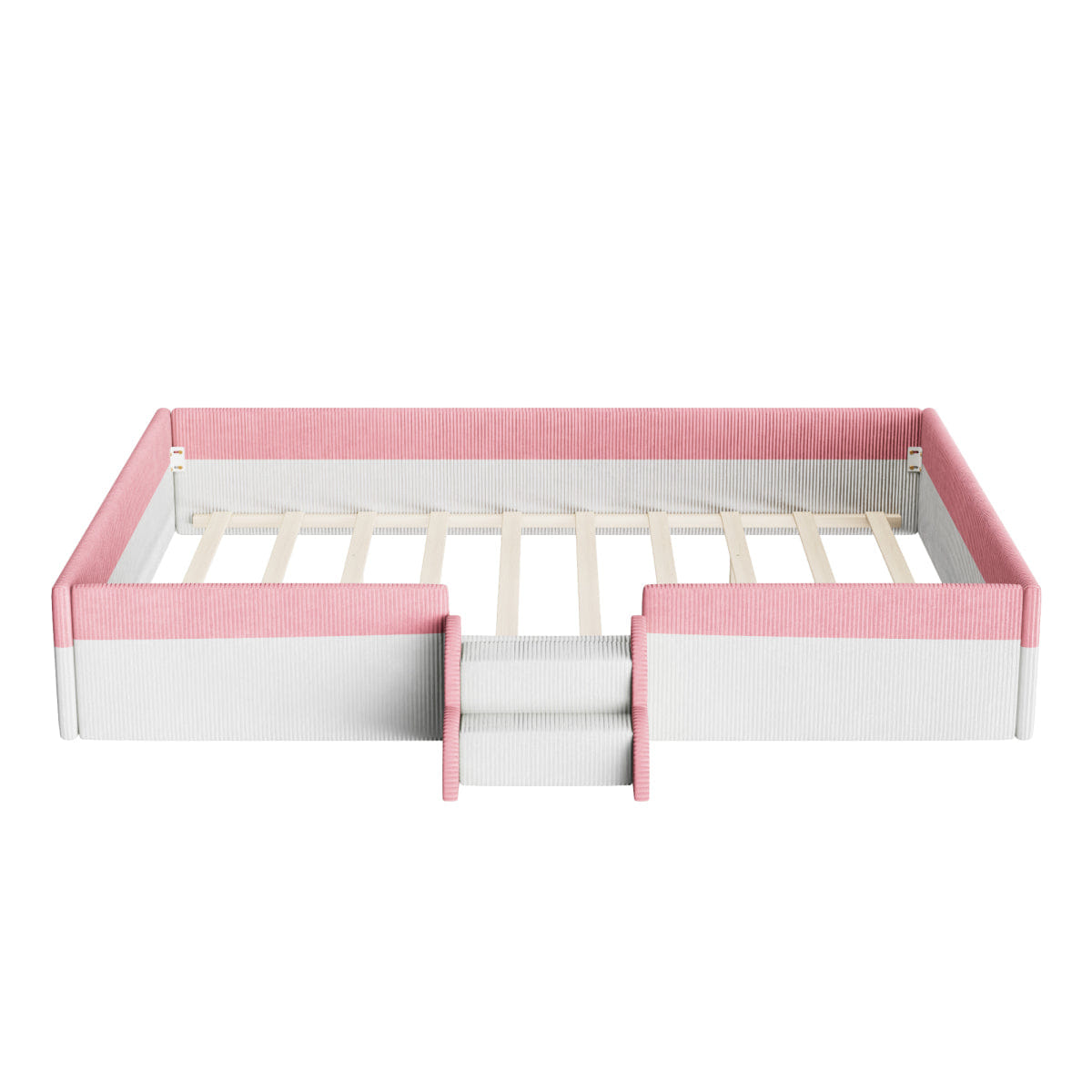 FLOOR Streamdale Queen Upholstered Floor Bed with Fence, Steps & LED Lights, Pink/White
