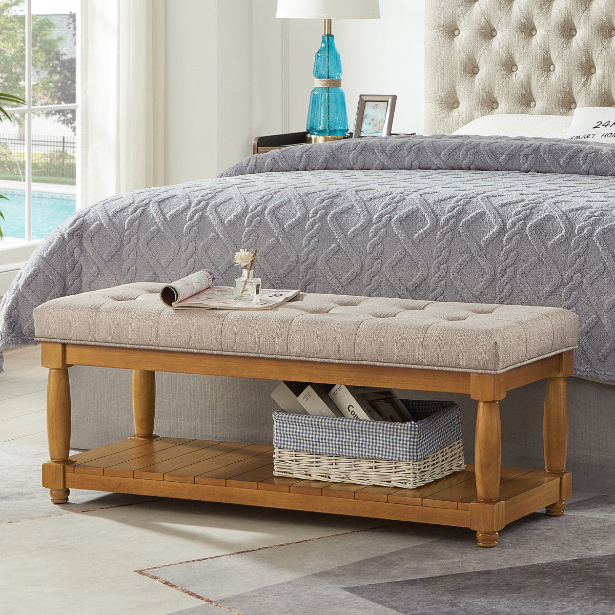And Streamdale Upholstered Linen Storage Bench with Shelf and Tufted Ottoman Design