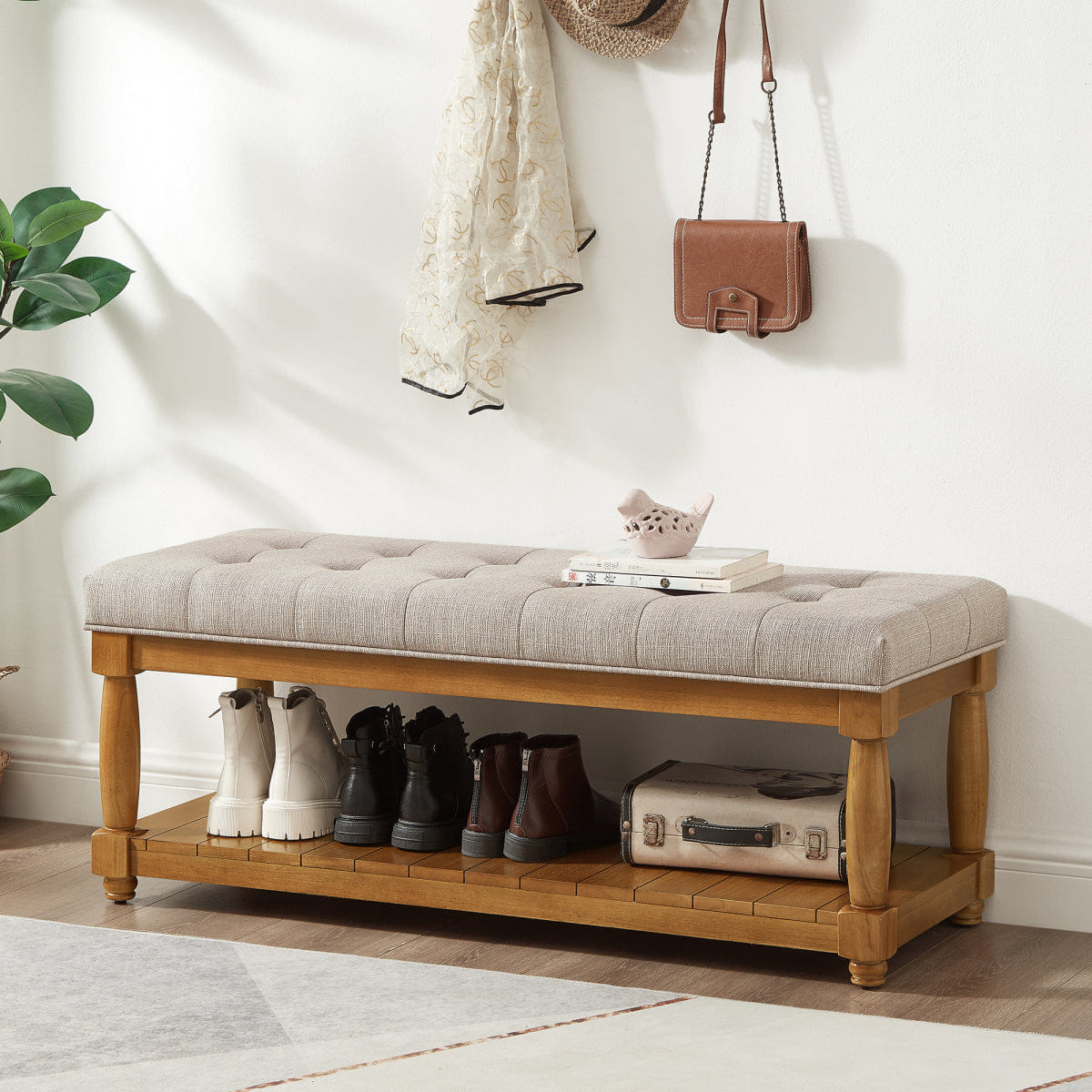 And Streamdale Upholstered Linen Storage Bench with Shelf and Tufted Ottoman Design
