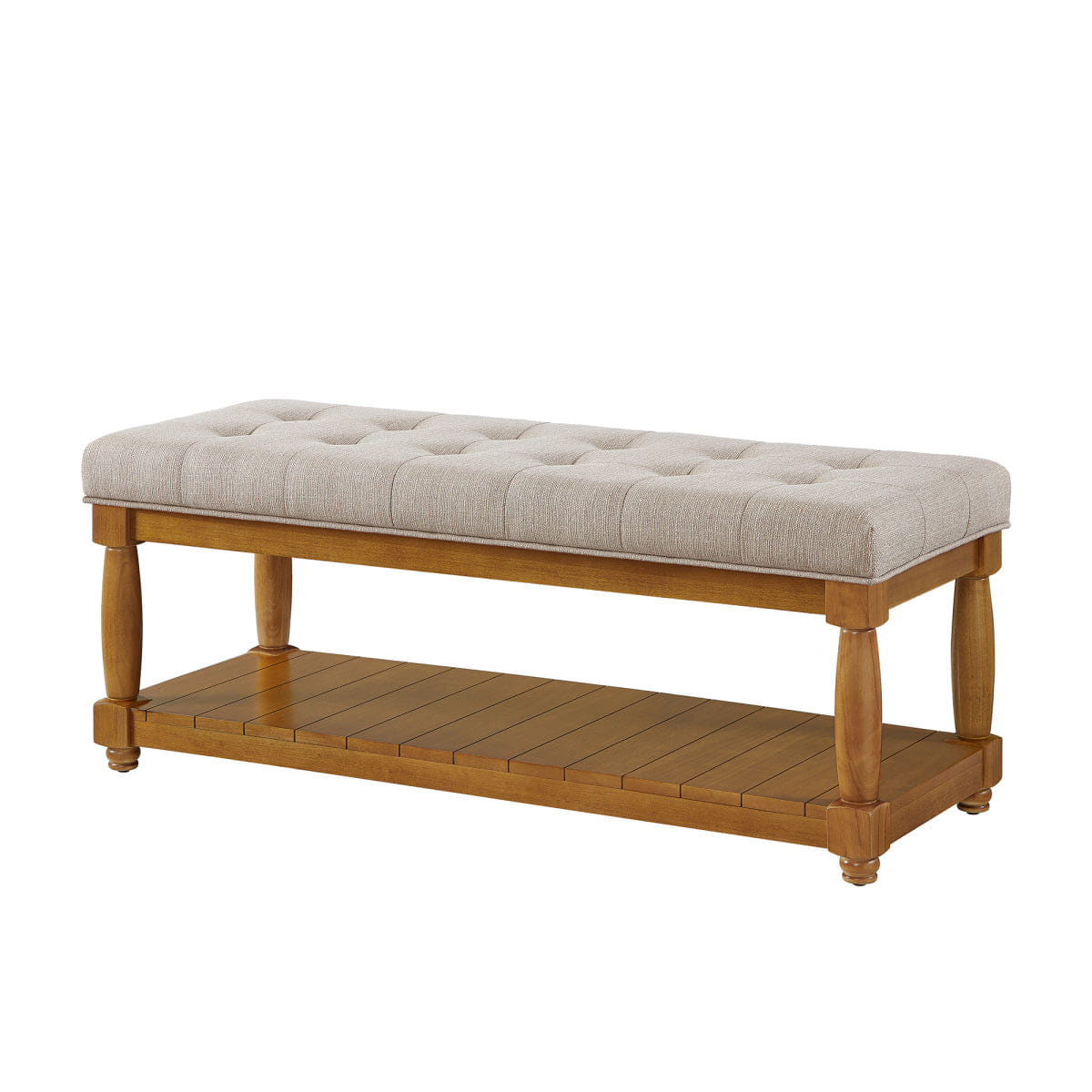 And Streamdale Upholstered Linen Storage Bench with Shelf and Tufted Ottoman Design