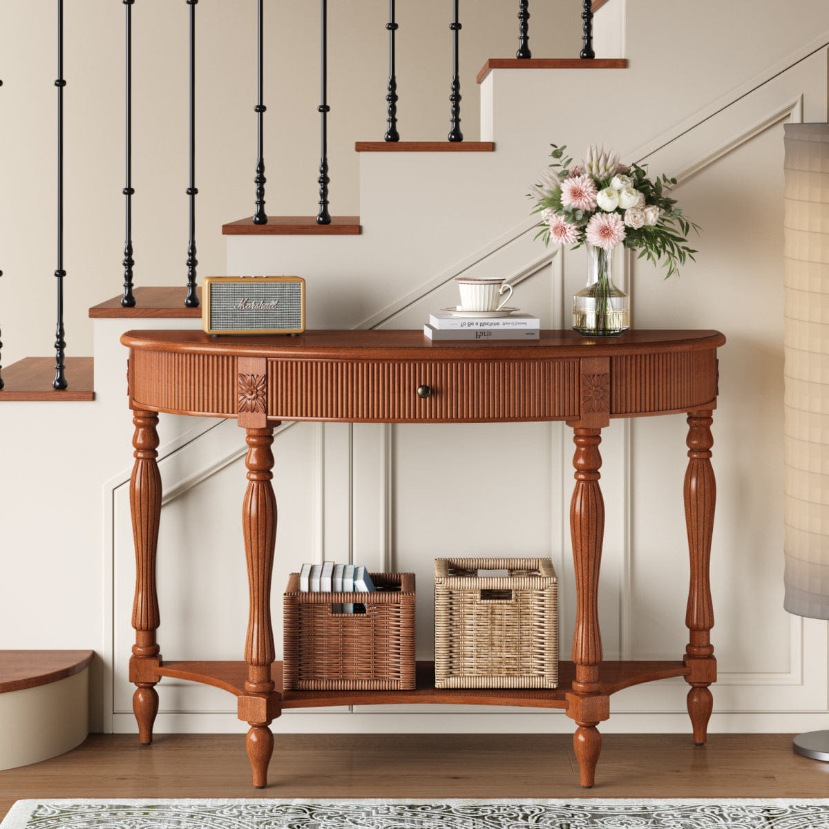 Drawer Streamdale Solid Wood Half Moon Console Table with Drawer & Shelf, Rustic Brown