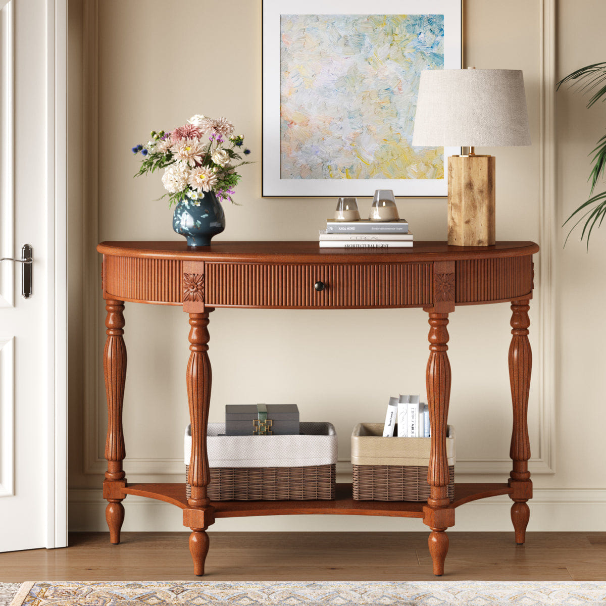 Drawer Streamdale Solid Wood Half Moon Console Table with Drawer & Shelf, Rustic Brown