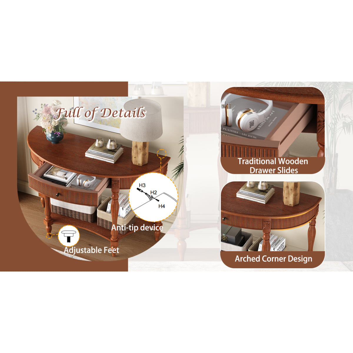 Drawer Streamdale Solid Wood Half Moon Console Table with Drawer & Shelf, Rustic Brown
