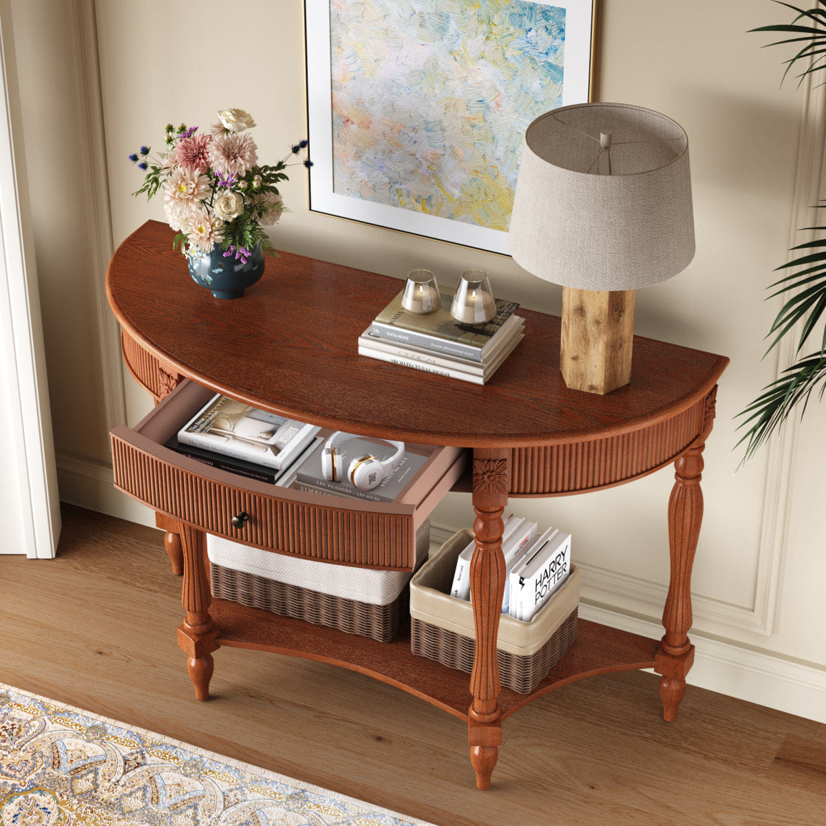 Drawer Streamdale Solid Wood Half Moon Console Table with Drawer & Shelf, Rustic Brown