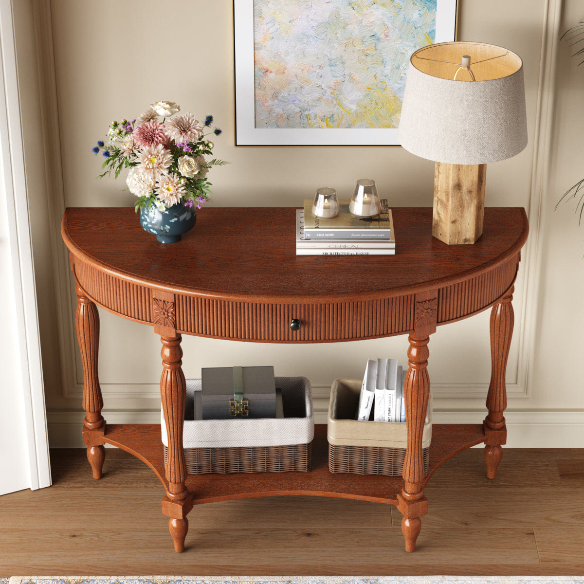 Drawer Streamdale Solid Wood Half Moon Console Table with Drawer & Shelf, Rustic Brown