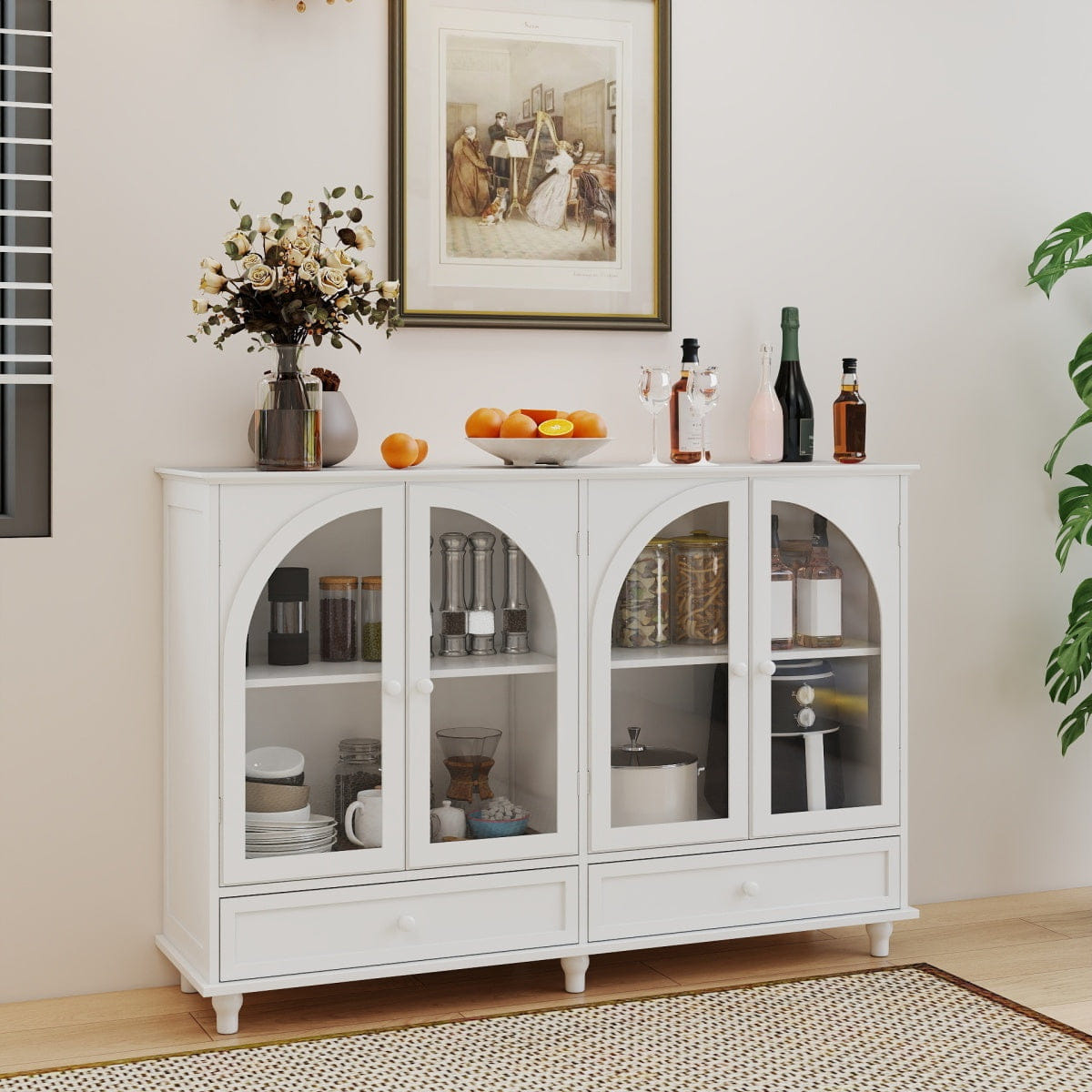 WHITE* Streamdale White Arched Glass Sideboard Buffet Cabinet with 2 Drawers & 4 Doors