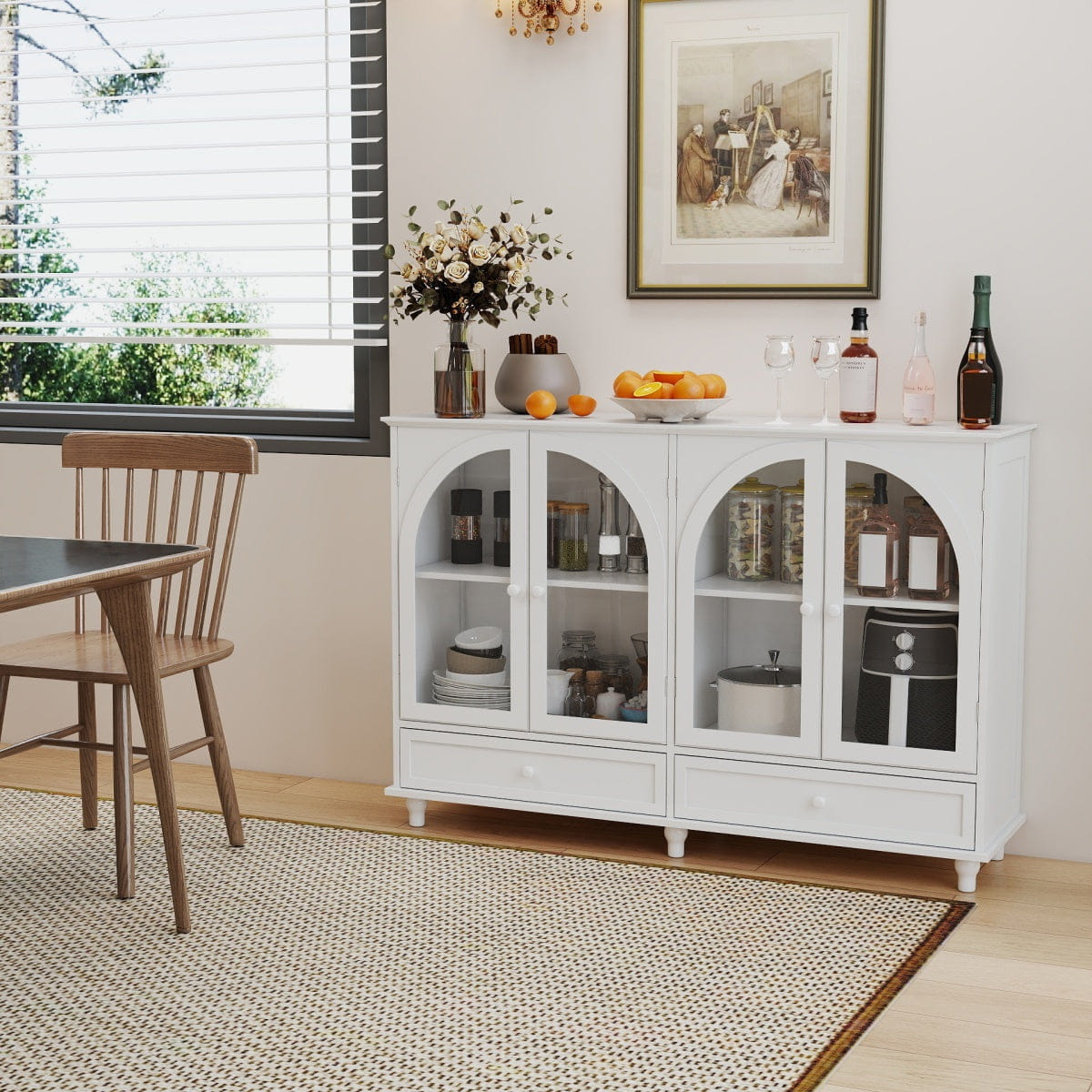 WHITE* Streamdale White Arched Glass Sideboard Buffet Cabinet with 2 Drawers & 4 Doors
