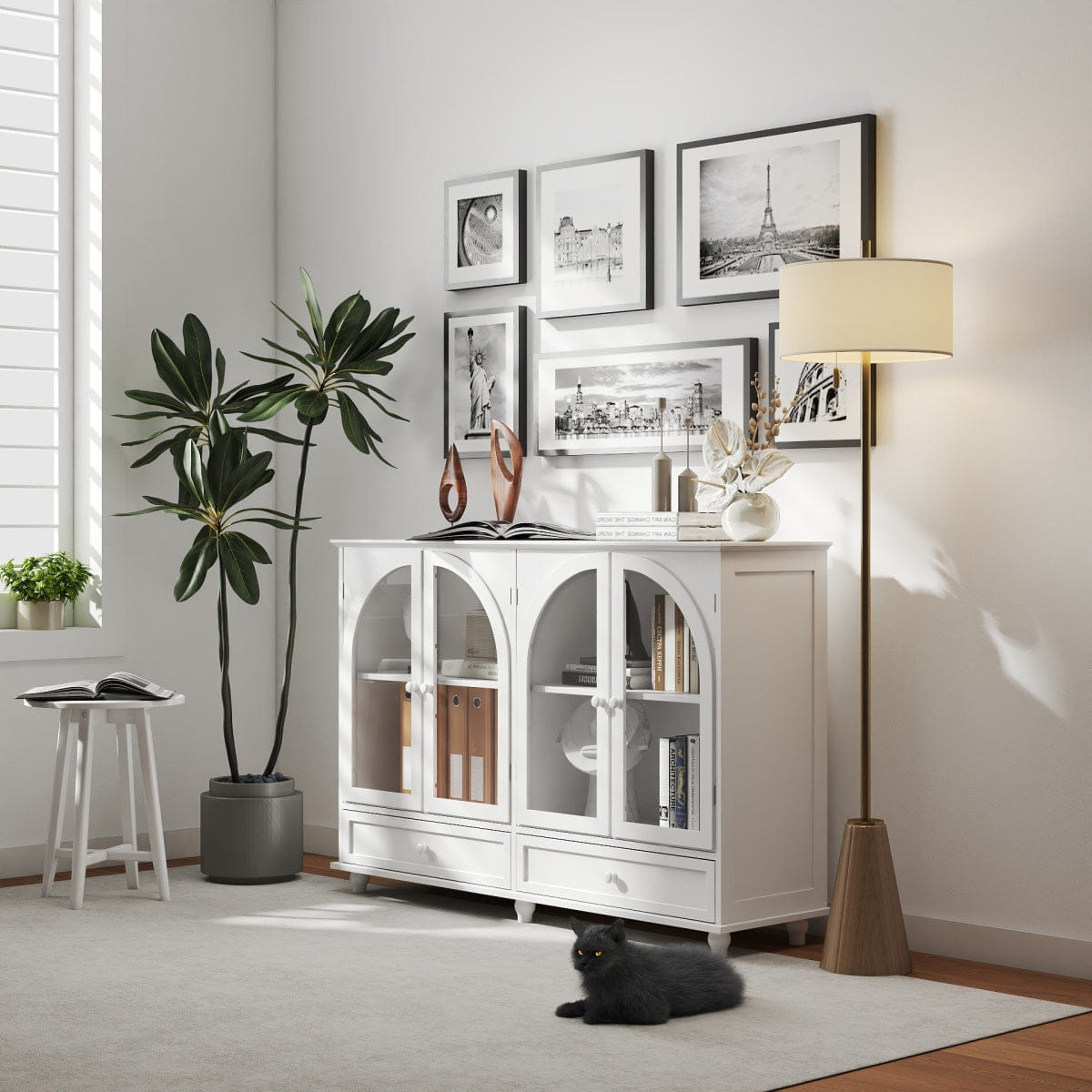 WHITE* Streamdale White Arched Glass Sideboard Buffet Cabinet with 2 Drawers & 4 Doors
